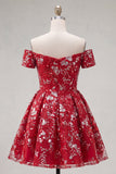 Off The Shoulder Red A Line Short Cocktail Dress with Sequins