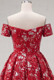 Off The Shoulder Red A Line Short Cocktail Dress with Sequins