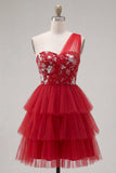 Red One Shoulder Ruffled A Line Short Cocktail Dress