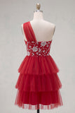 Red One Shoulder Ruffled A Line Short Cocktail Dress