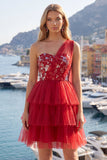 Red One Shoulder Ruffled A Line Short Cocktail Dress