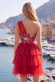 Red One Shoulder Ruffled A Line Short Cocktail Dress