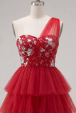 Red One Shoulder Ruffled A Line Short Cocktail Dress