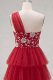 Red One Shoulder Ruffled A Line Short Cocktail Dress