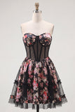 Strapless  Sheer Corset Black Pink Flower A Line Short Cocktail Dress