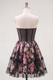 Strapless  Sheer Corset Black Pink Flower A Line Short Cocktail Dress