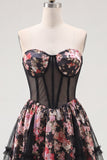 Strapless  Sheer Corset Black Pink Flower A Line Short Cocktail Dress