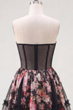 Strapless  Sheer Corset Black Pink Flower A Line Short Cocktail Dress