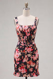 Black Pink Flower Corset Bodycon Short Wide Straps Cocktail Dress