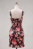 Black Pink Flower Corset Bodycon Short Wide Straps Cocktail Dress