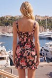 Black Pink Flower Corset Bodycon Short Wide Straps Cocktail Dress