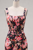 Black Pink Flower Corset Bodycon Short Wide Straps Cocktail Dress