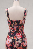 Black Pink Flower Corset Bodycon Short Wide Straps Cocktail Dress