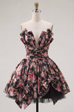 Black Pink Floral A Line Strapless Ruched Short Cocktail Dress with Bows