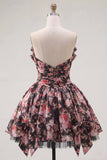 Black Pink Floral A Line Strapless Ruched Short Cocktail Dress with Bows