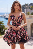 Black Pink Floral A Line Strapless Ruched Short Cocktail Dress with Bows
