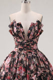 Black Pink Floral A Line Strapless Ruched Short Cocktail Dress with Bows