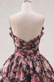 Black Pink Floral A Line Strapless Ruched Short Cocktail Dress with Bows