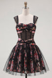 Black Sheer Corset Floral A Line Ruched Short Cocktail Dress