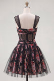 Black Sheer Corset Floral A Line Ruched Short Cocktail Dress