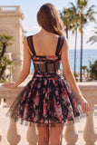 Black Sheer Corset Floral A Line Ruched Short Cocktail Dress