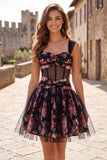 Black Sheer Corset Floral A Line Ruched Short Cocktail Dress