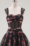 Black Sheer Corset Floral A Line Ruched Short Cocktail Dress