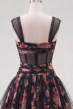 Black Sheer Corset Floral A Line Ruched Short Cocktail Dress