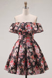 Off the Shoulder Black Pink Flower Printed A Line Short Cocktail Dress