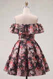 Off the Shoulder Black Pink Flower Printed A Line Short Cocktail Dress