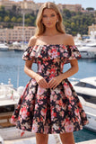 Off the Shoulder Black Pink Flower Printed A Line Short Cocktail Dress