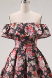 Off the Shoulder Black Pink Flower Printed A Line Short Cocktail Dress