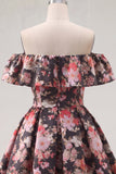 Off the Shoulder Black Pink Flower Printed A Line Short Cocktail Dress