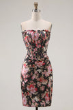 Strapless Bodycon Black Pink Flower Short Corset Cocktail Dress