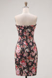 Strapless Bodycon Black Pink Flower Short Corset Cocktail Dress