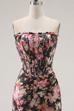 Strapless Bodycon Black Pink Flower Short Corset Cocktail Dress
