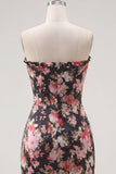 Strapless Bodycon Black Pink Flower Short Corset Cocktail Dress
