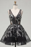 Black Sequins A Line V-Neck Short Cocktail Dress