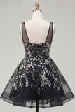 Black Sequins A Line V-Neck Short Cocktail Dress