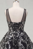 Black Sequins A Line V-Neck Short Cocktail Dress