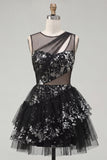 Black A Line Cut Out Boat Neck Sequin Short Cocktail Dress with Ruffles