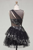 Black A Line Cut Out Boat Neck Sequin Short Cocktail Dress with Ruffles