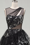 Black A Line Cut Out Boat Neck Sequin Short Cocktail Dress with Ruffles