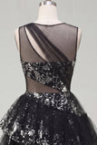 Black A Line Cut Out Boat Neck Sequin Short Cocktail Dress with Ruffles
