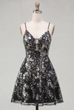 Sparkly Black  A Line Spaghetti Straps Short Sequin Cocktail Dress