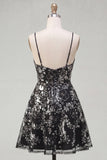 Sparkly Black  A Line Spaghetti Straps Short Sequin Cocktail Dress