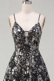 Sparkly Black  A Line Spaghetti Straps Short Sequin Cocktail Dress