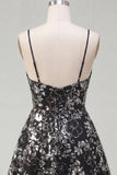 Sparkly Black  A Line Spaghetti Straps Short Sequin Cocktail Dress