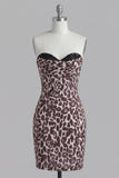 Coffee Leopard Sweetheart Print Bodycon Short Cocktail Dress