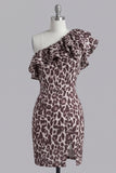 One Shoulder Coffee Leopard Ruffled Bodycon Cocktail Dress with Slit